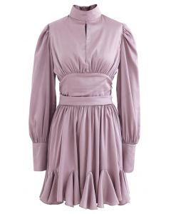 High Neck Puff Sleeves Satin Ruffle Dress in Lilac