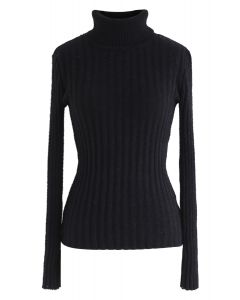Fitted Turtleneck Fluffy Knit Sweater in Black